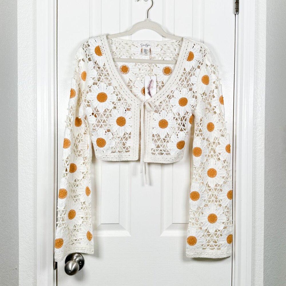 NWT Jessica Simpson Women's Crocheted Bolero Sweater XL Floral Daisy Cropped